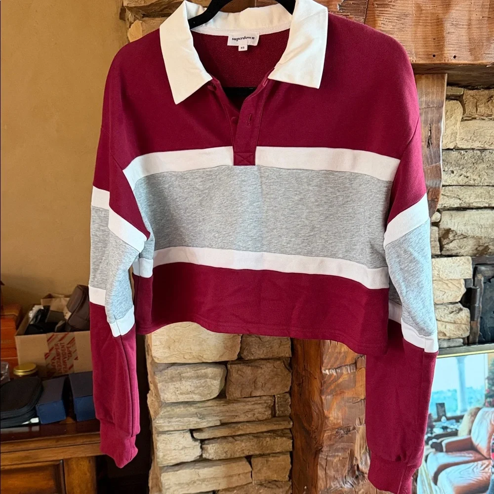 Superdown Julet Cropped Rugby Polo Top in Burgundy, Gray & White - Picture 2 of 9